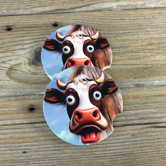 Wide Eyed Cow Funny Car Coasters - Picture 1 of 7